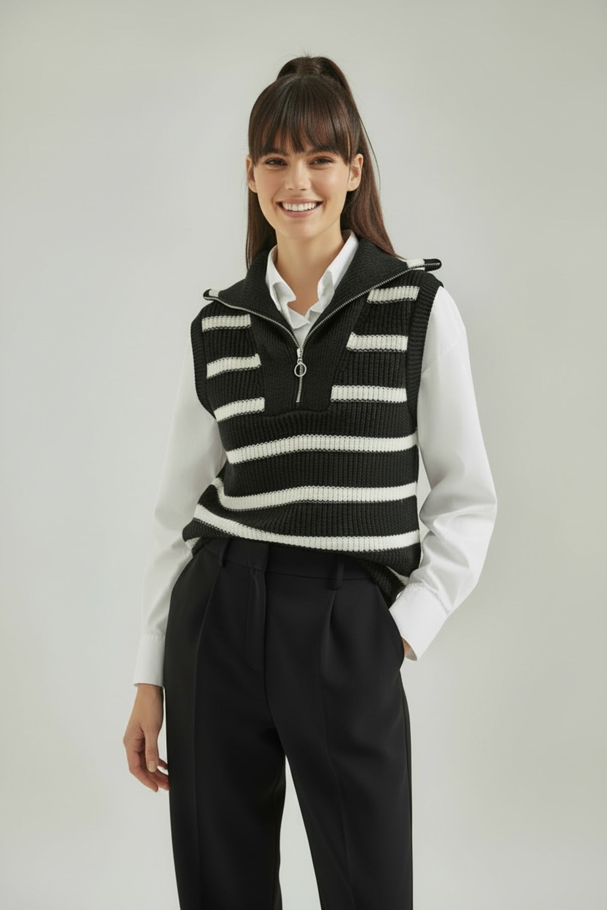Beatrice Women's Striped Zip-Neck Sweater Vest - Black and White