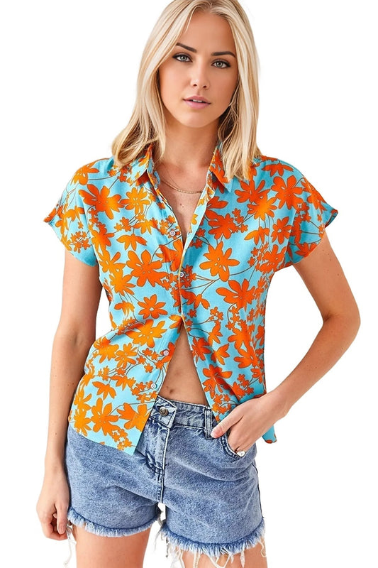 Charlotte Women's Viscose Short Sleeve Batwing Shirt - Orange and Turquoise Floral