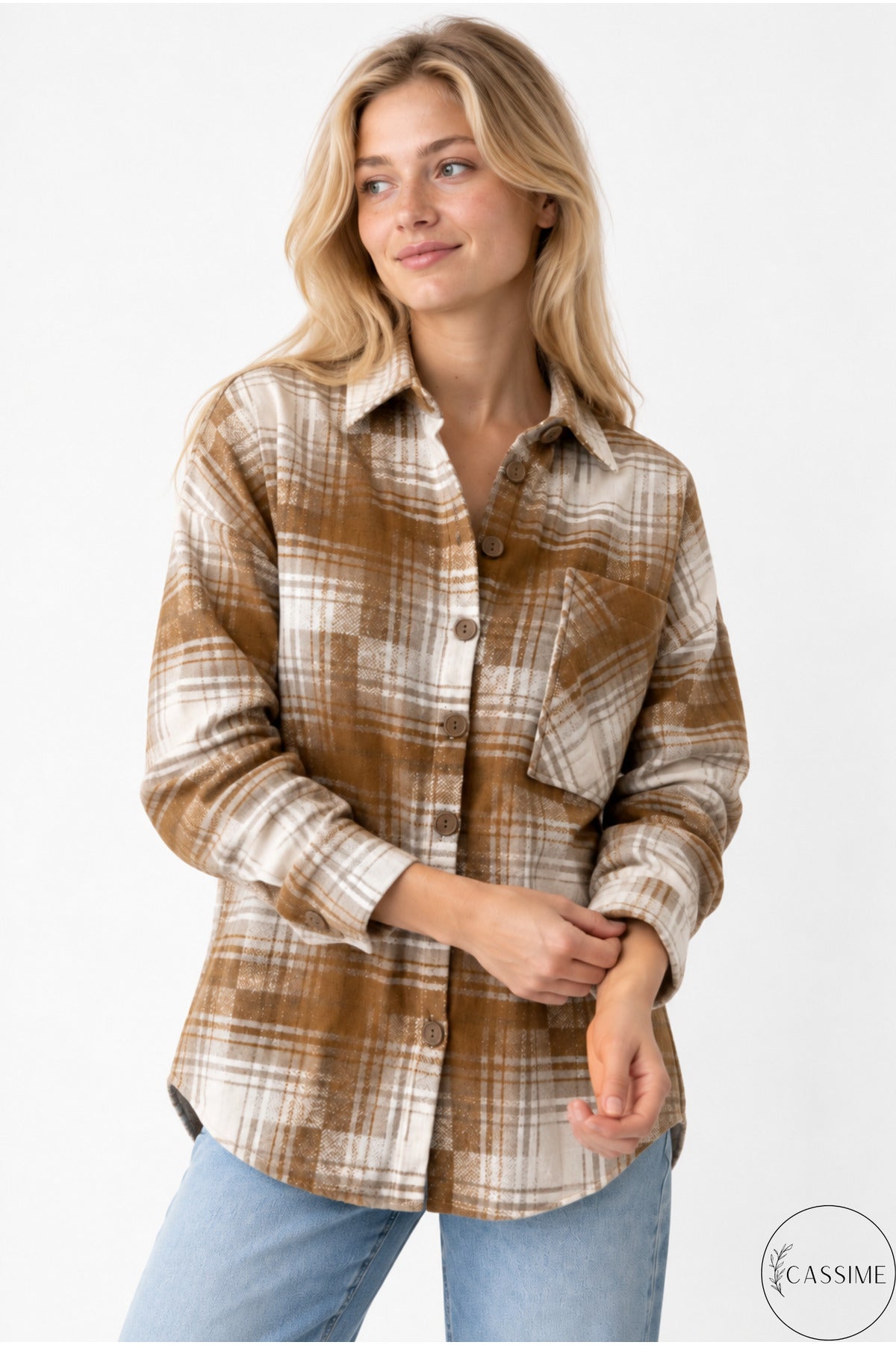 Eleanor Women's Plaid Shacket - Beige and Ecru Plaid