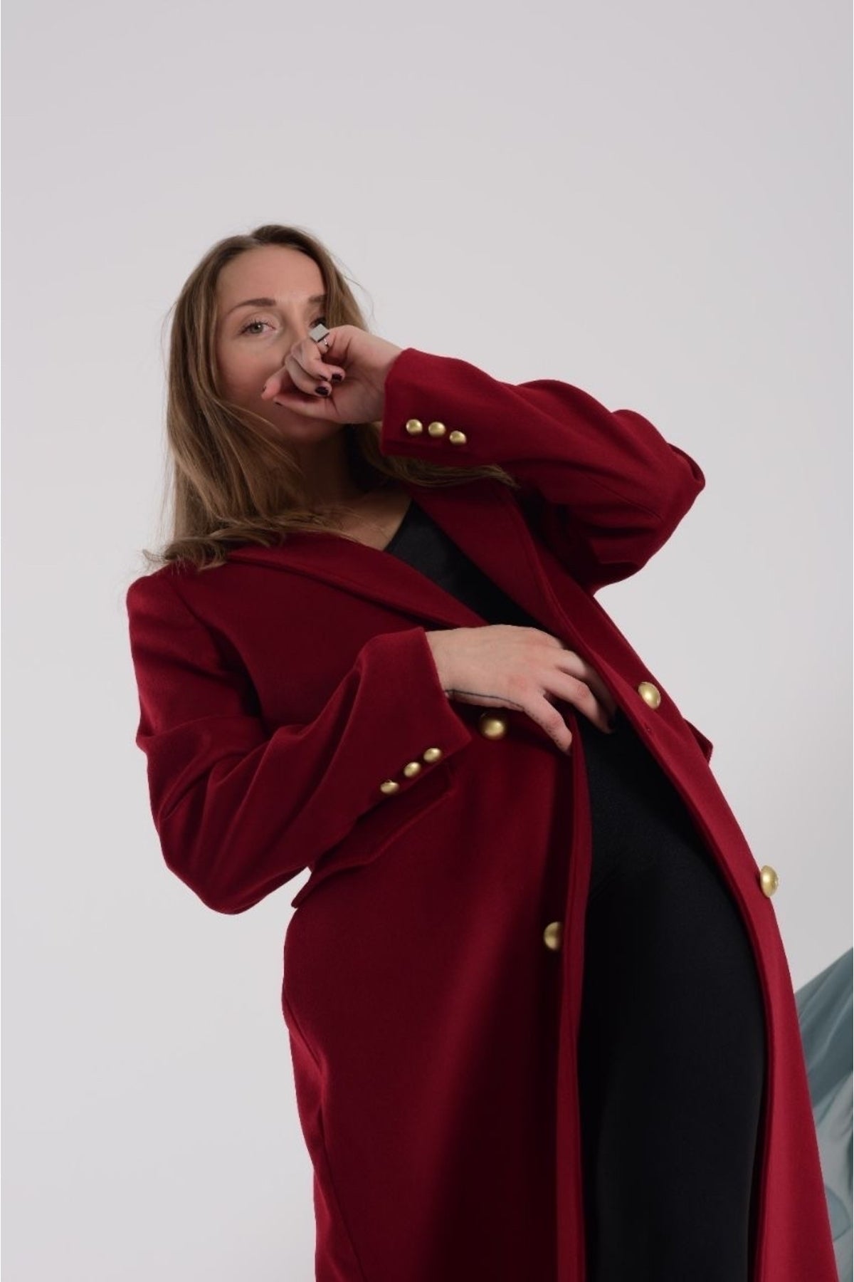 Ariadne Women's Long Button Front Coat - Burgundy - product image 6