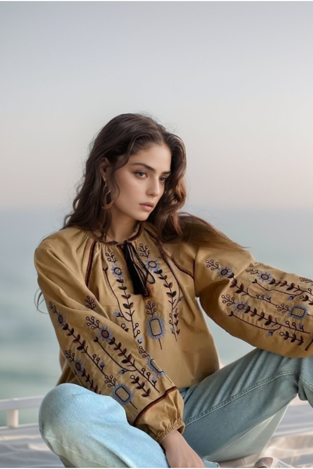 Frances Women's Cotton Embroidered Long Sleeve Blouse - Dark Beige
