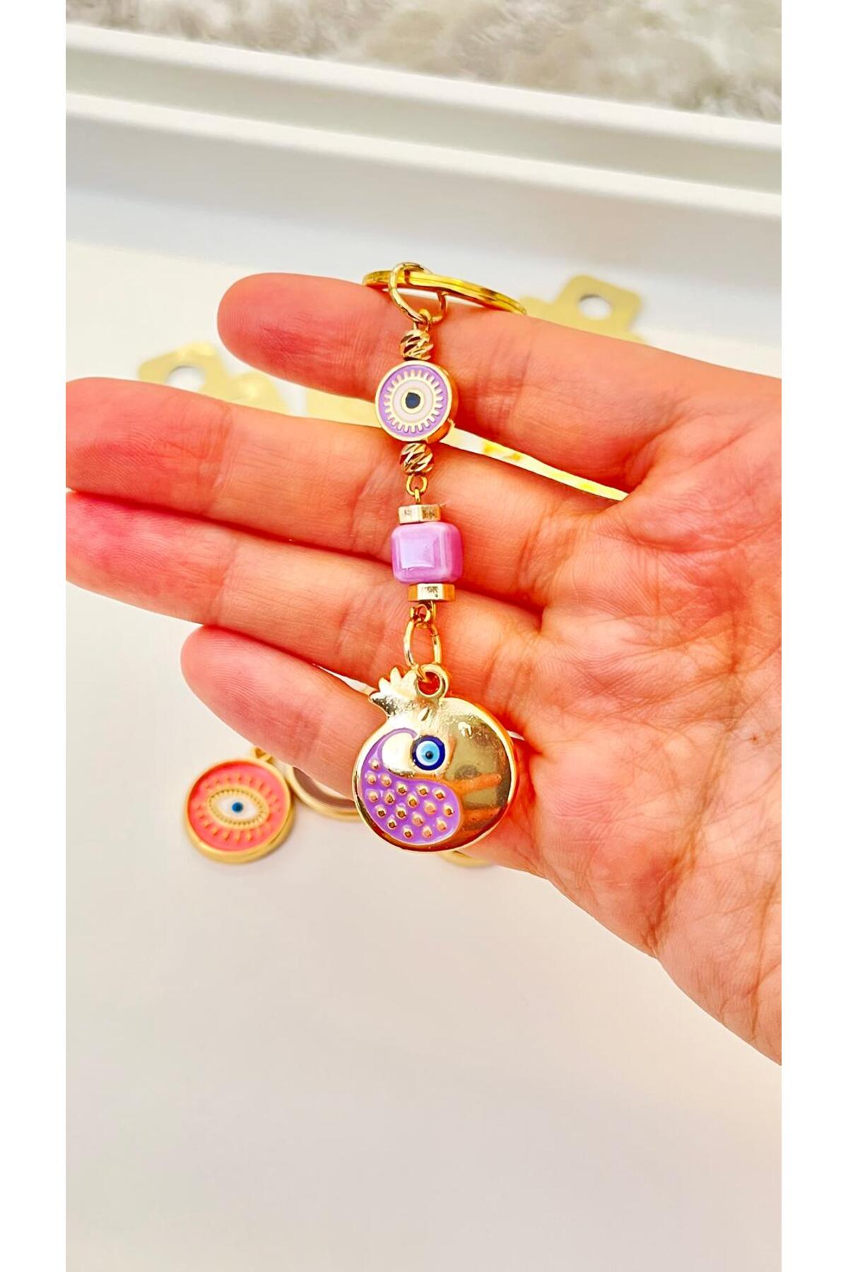 Hannah Gold-Plated Bodrum Bead Keychain - Purple Pomegranate