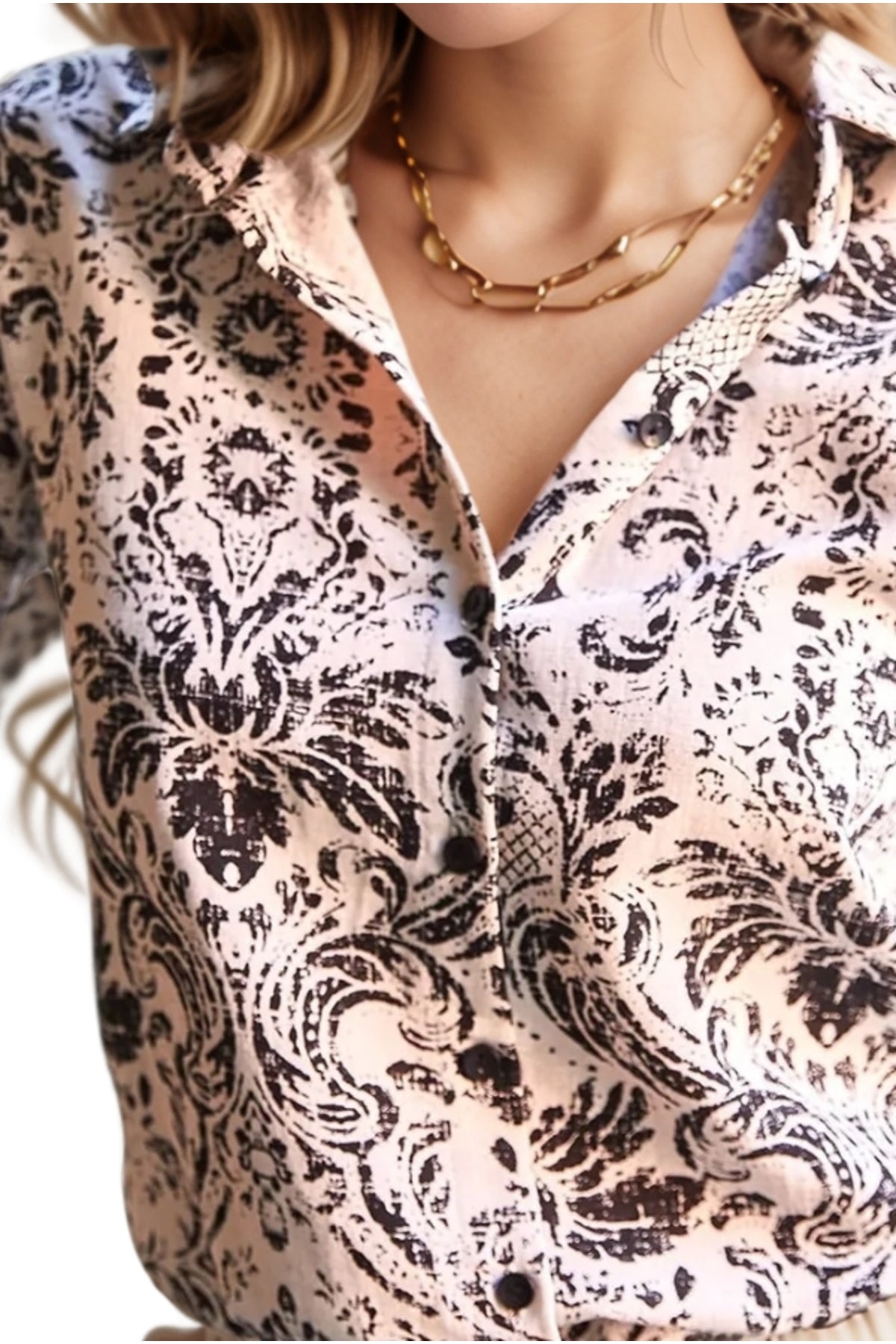 Charlotte Women's Short Sleeve Batwing Shirt - Black and Ecru Boho Print