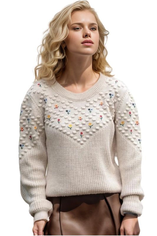 Carol Women's Floral Embroidered Long Sleeve Sweater - Beige