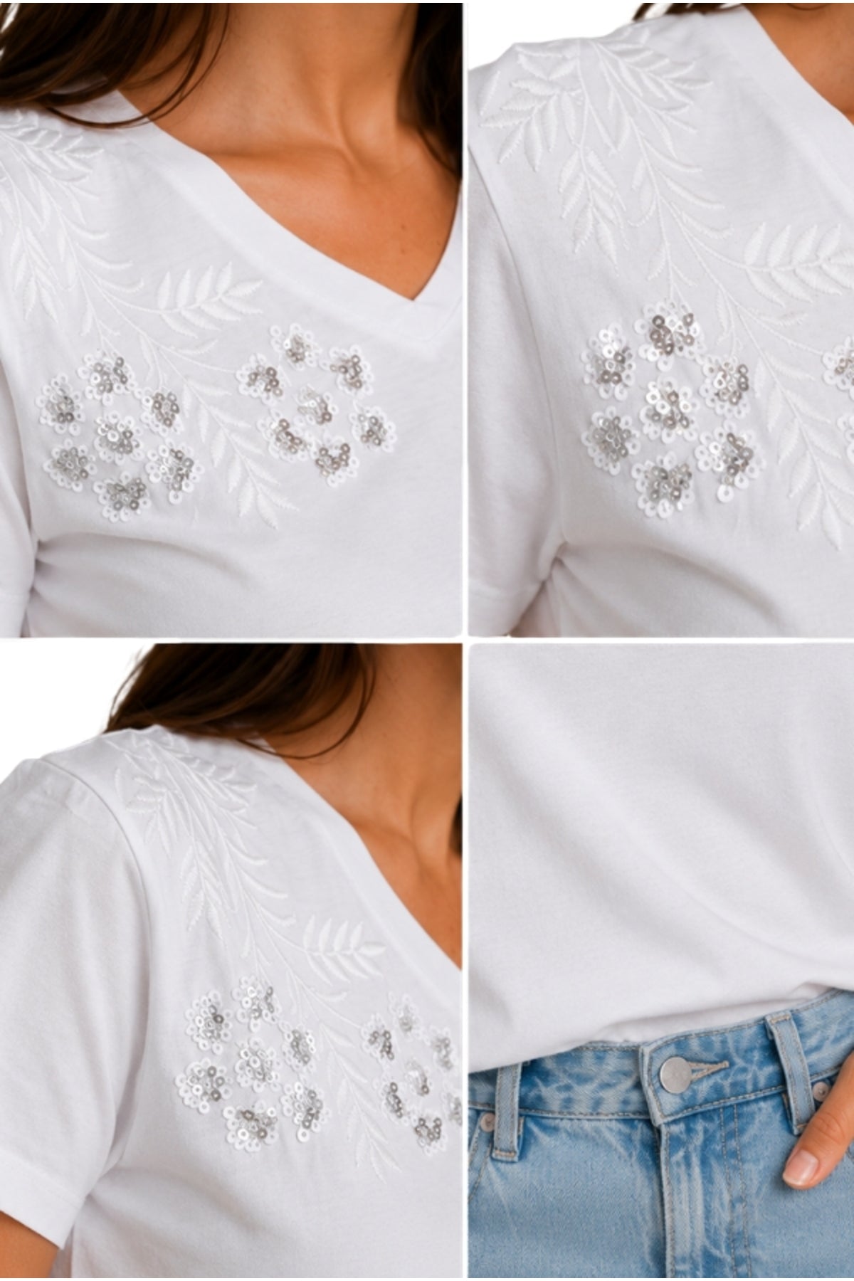 Emma Women's Cotton Embellished T-Shirt - White with Floral Shoulder Sequins
