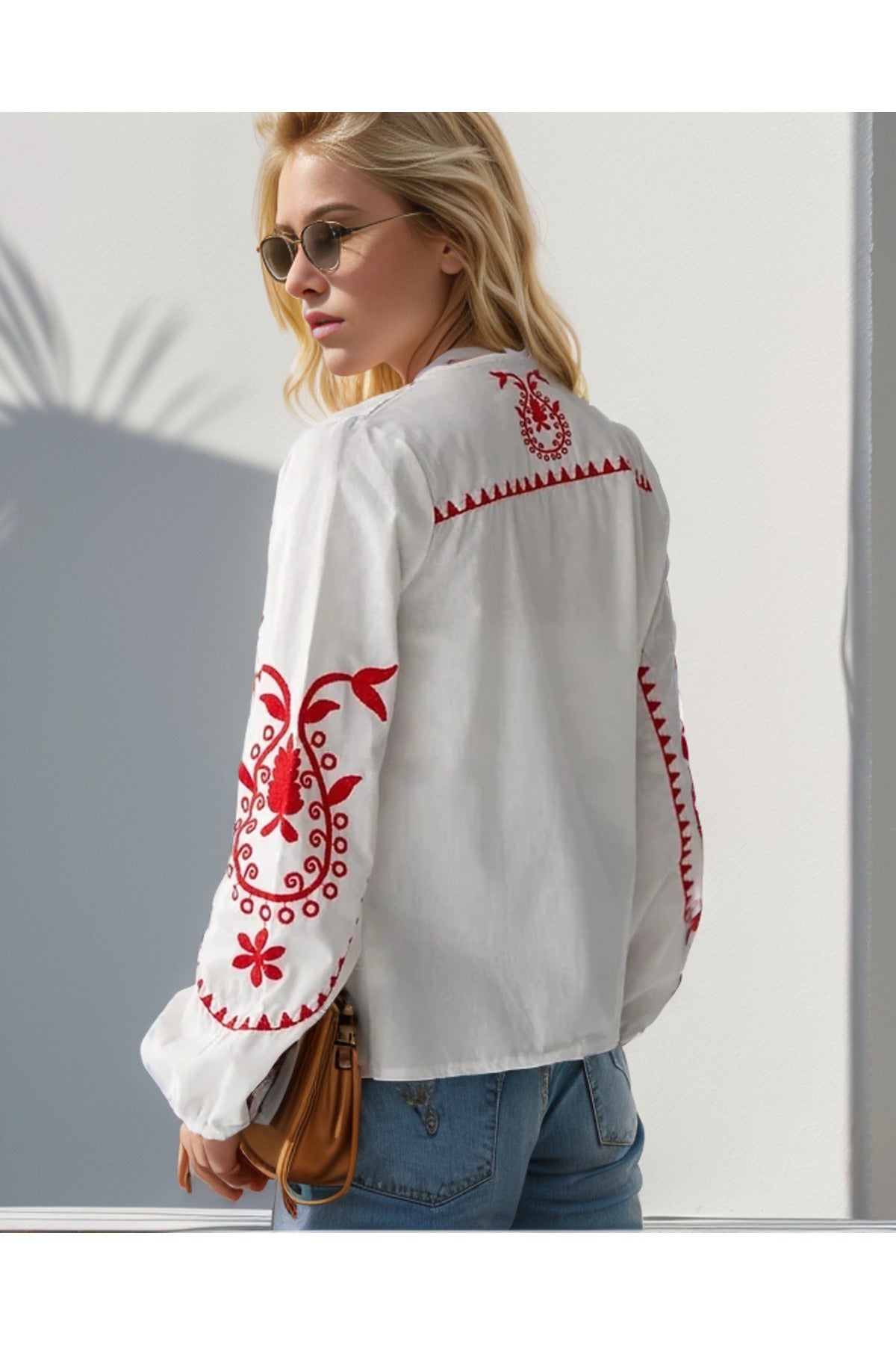 Nina Women's Cotton Embroidered Button-Up Shirt Jacket - Red Embroidered