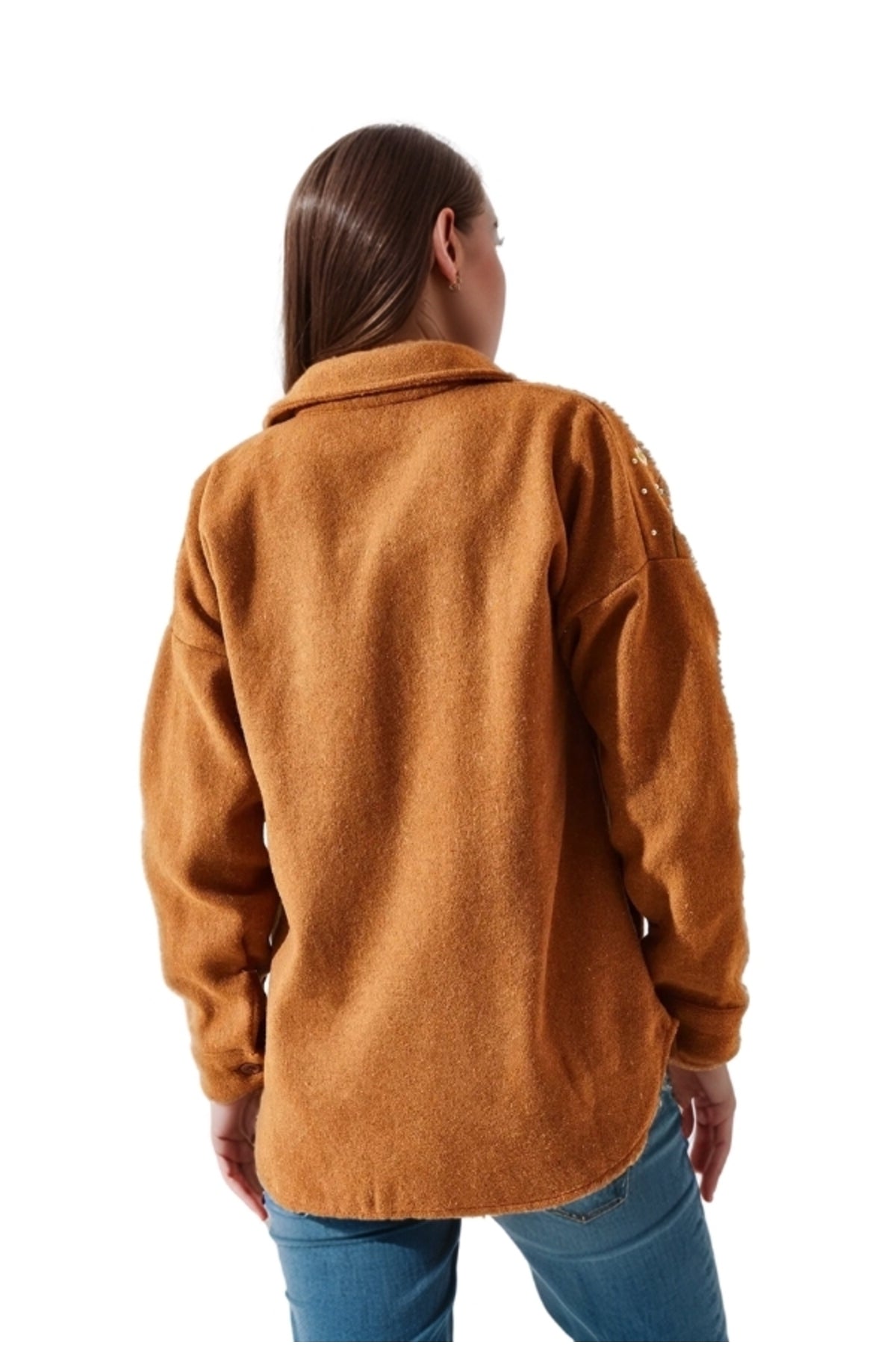 Lydia Women's Cotton Daisy Embroidered Shacket - Tan