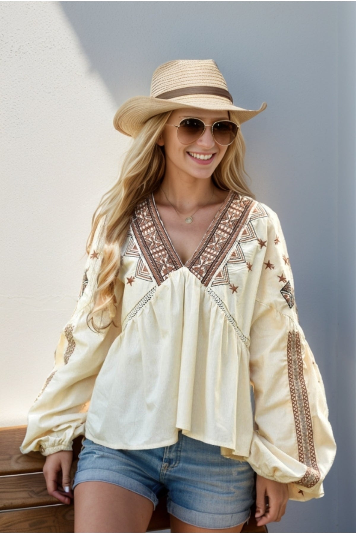 Pippa Women's Cotton Floral Embroidered Long Sleeve Blouse - Beige and Brown