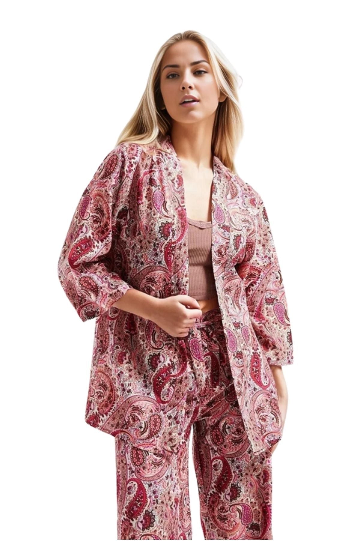 Catherine Women's Relaxed Fit Kimono - Pink Paisley Print
