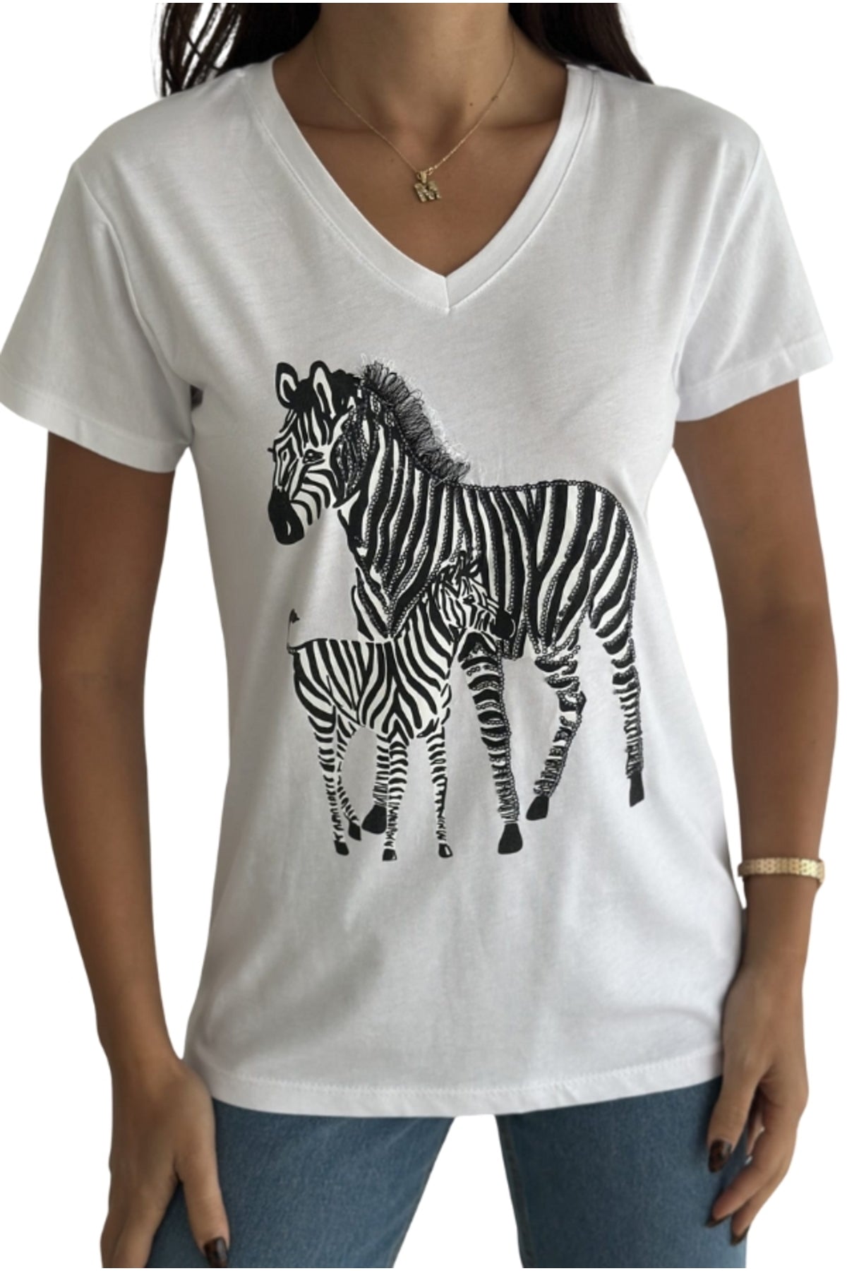 Olivia Women's Cotton Plus Size Embellished V-Neck T-Shirt - White Zebra Print