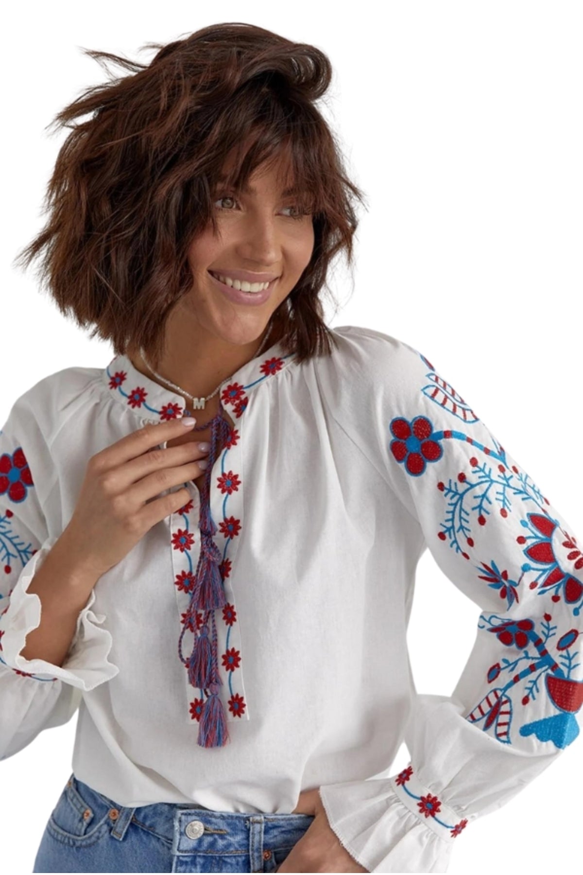 Crystal Women's Cotton Embroidered Long Sleeve Tie Blouse - Blue and Red Floral