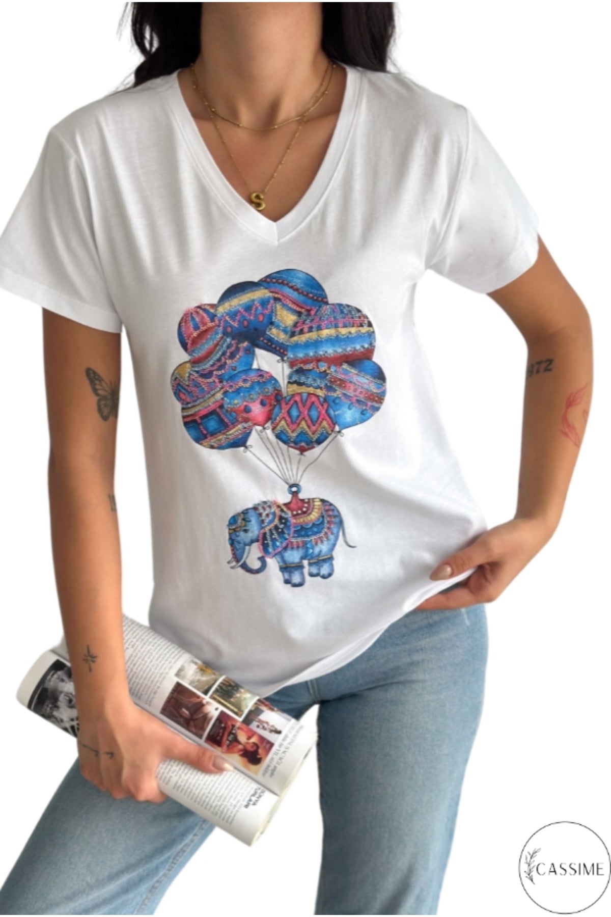 Olivia Women's Cotton Plus Size Embellished V-Neck T-Shirt - White with Balloon Elephant Sequins