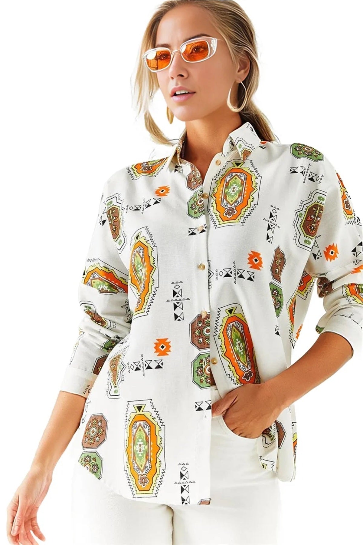 Emilia Women's Linen-Viscose Blend Oversized Printed Shirt - Brown Boho Print