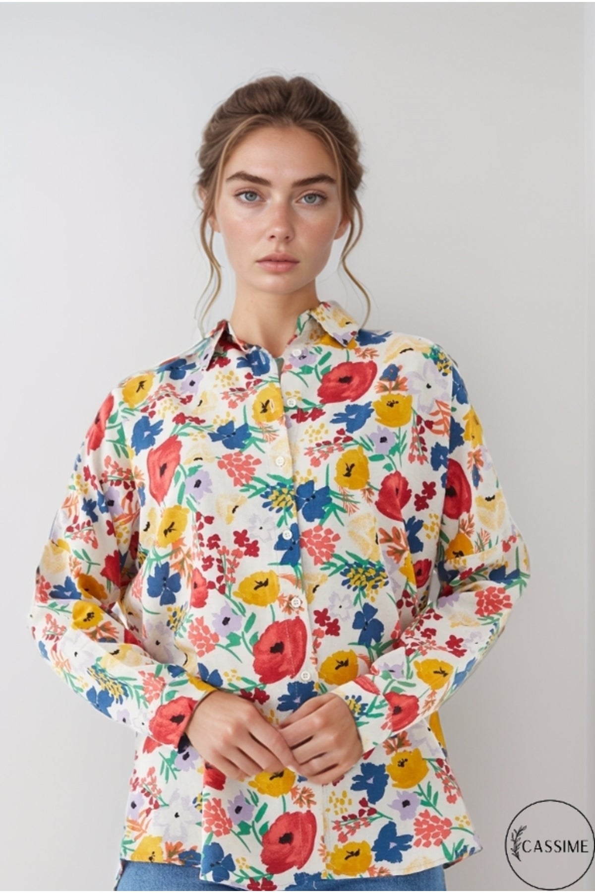 Emilia Women's Linen-Viscose Blend Oversized Printed Shirt - Red and Yellow Floral