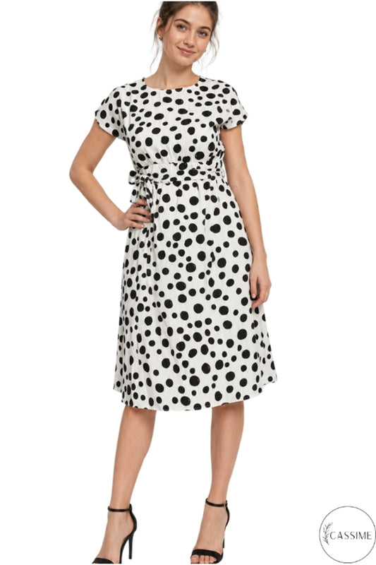 Audrey Women's Viscose Belted Midi Dress - Black Polka Dot