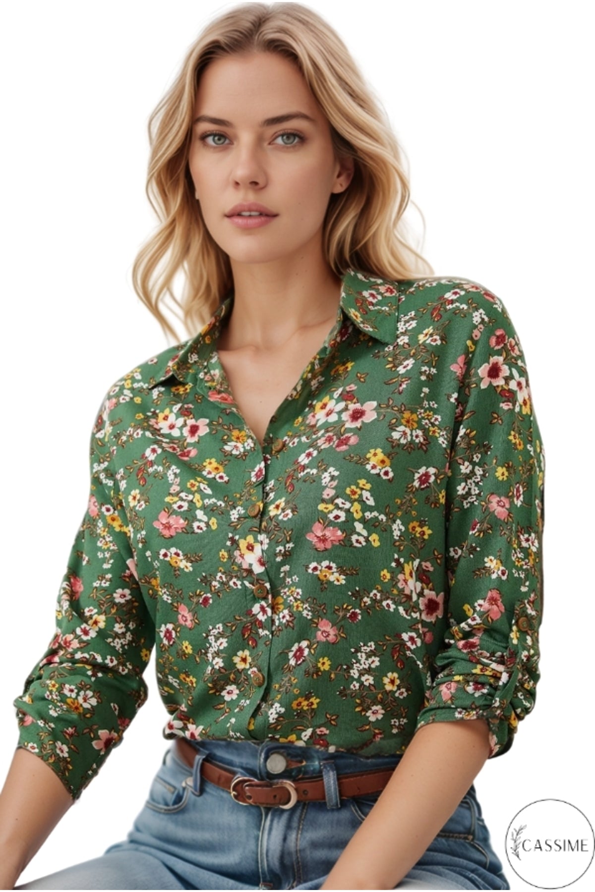 Amelia Women's Viscose Long Sleeve Button-Up Shirt - Khaki Mini Floral