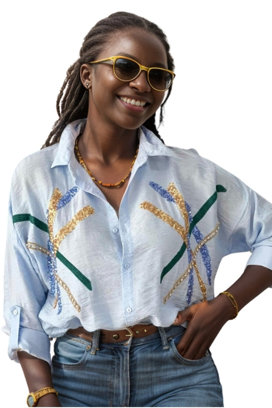 Natasha Women's Embroidered Oversized Shirt - Light Blue Striped