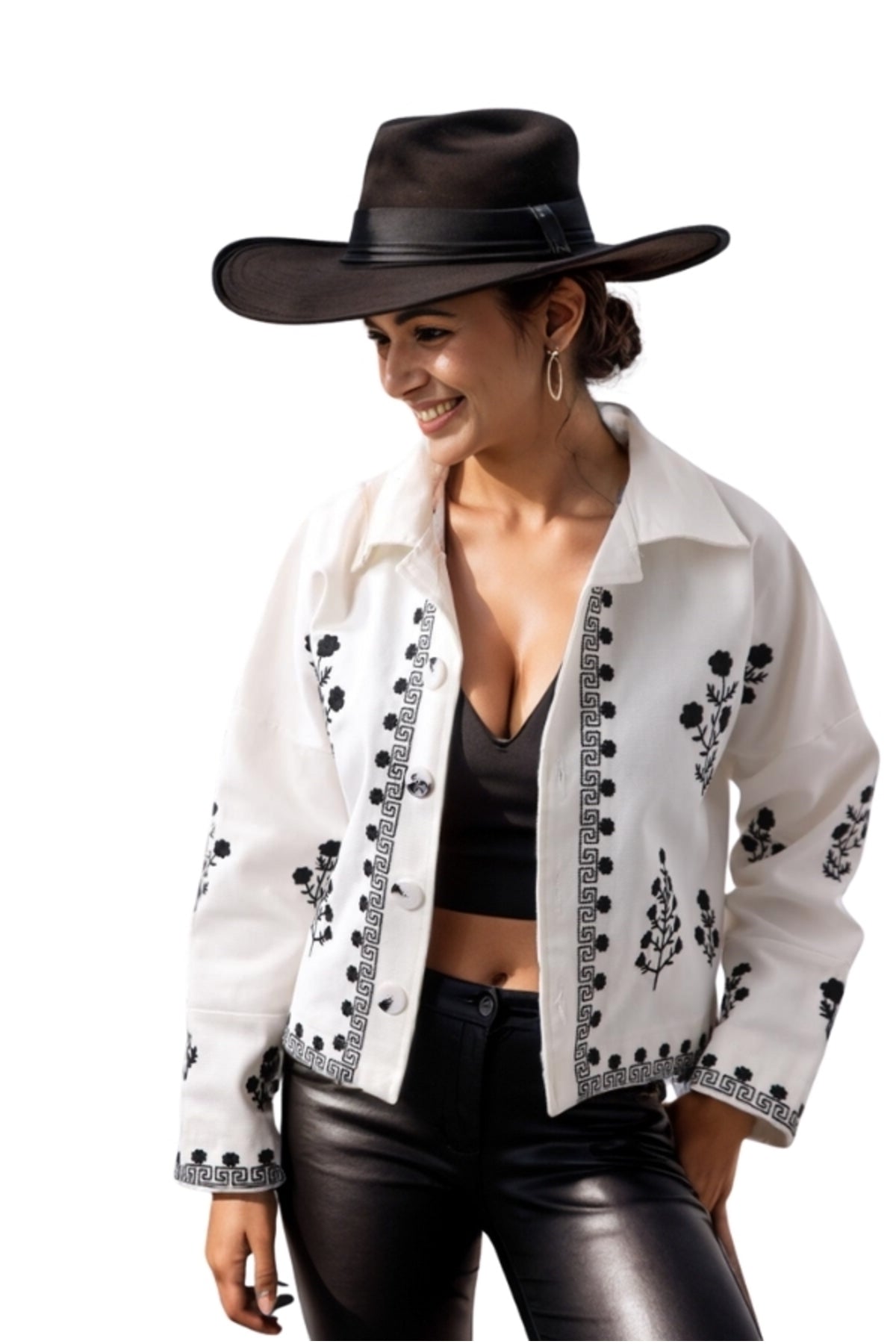 Louise Women's Embroidered Button-Up Jacket - White with Black Embroidery