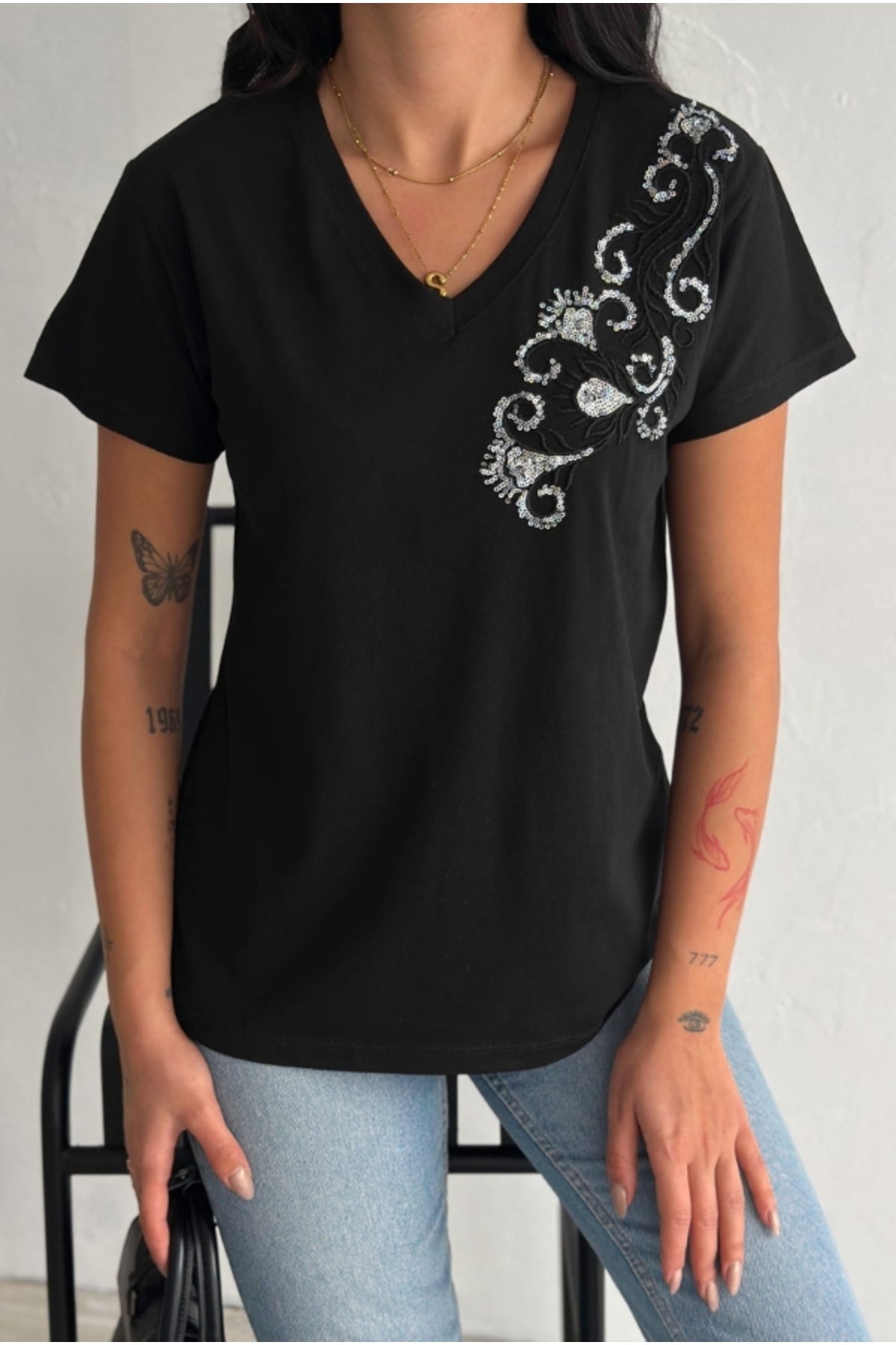Olivia Women's Cotton Plus Size Embellished V-Neck T-Shirt - Black with Branch Shoulder Embroidery