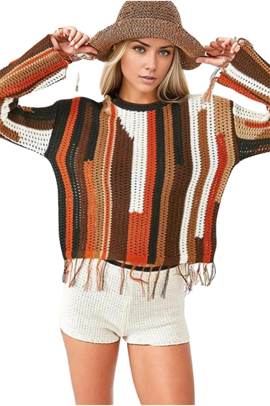 Kimberly Women's Boho Print Tassel Knit Sweater - Multicolor Pattern