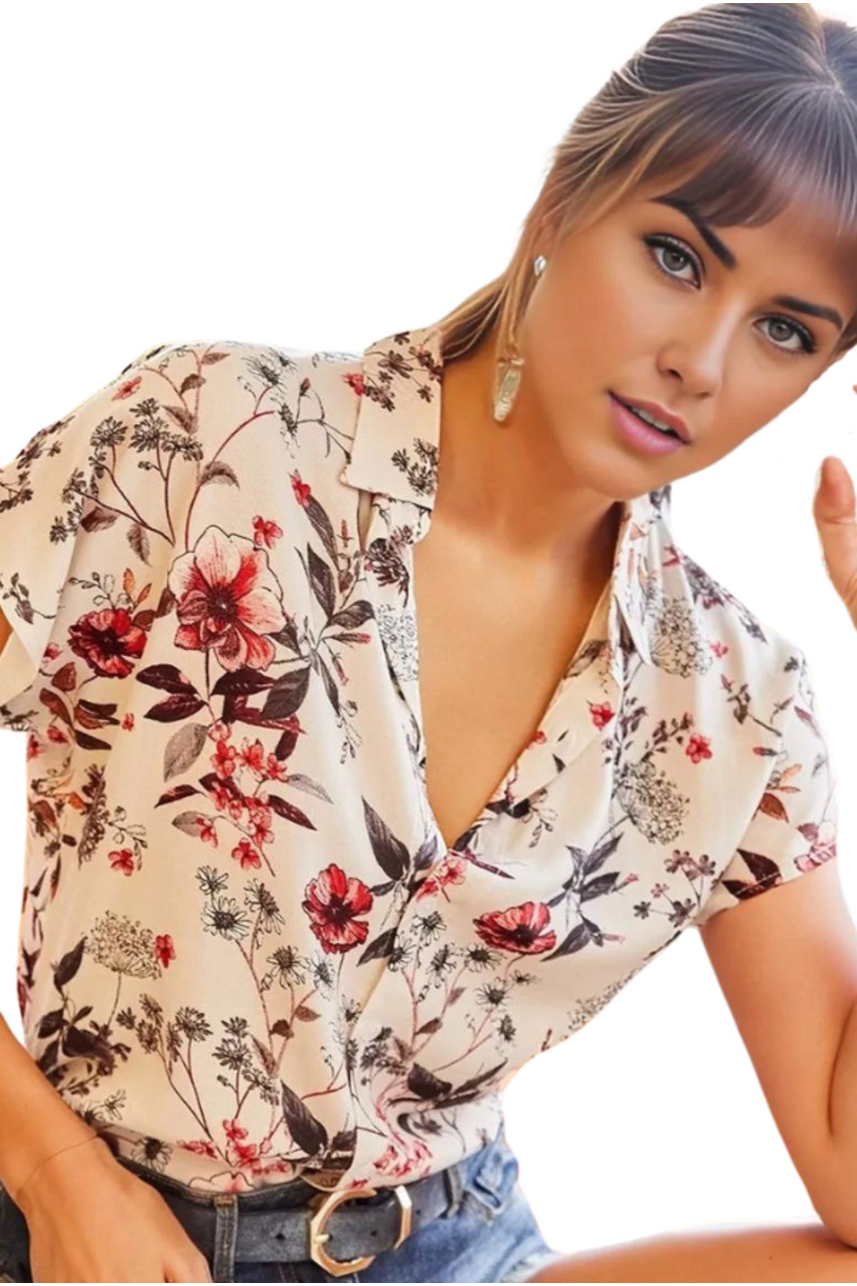 Charlotte Women's Short Sleeve Batwing Shirt - Red Floral