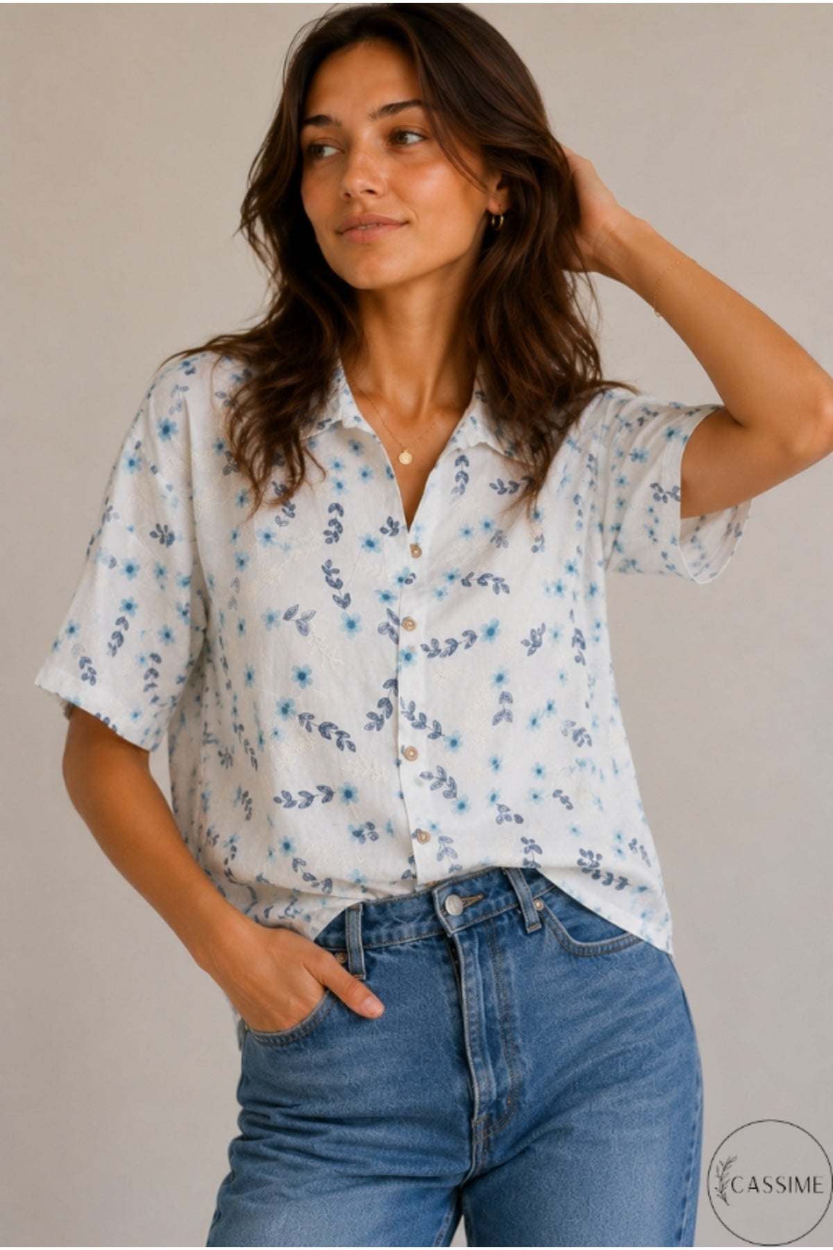 Women's Green & Blue Floral Embroidered Oversized Cotton Shirt - product photo 2