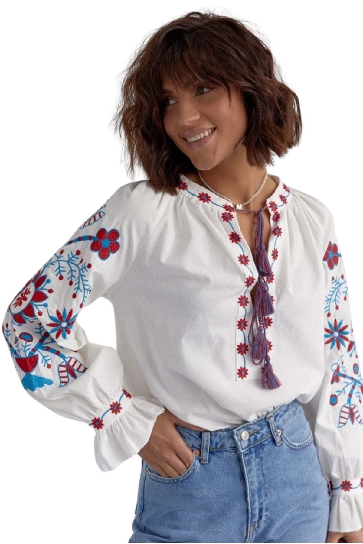 Crystal Women's Cotton Embroidered Long Sleeve Tie Blouse - Blue and Red Floral