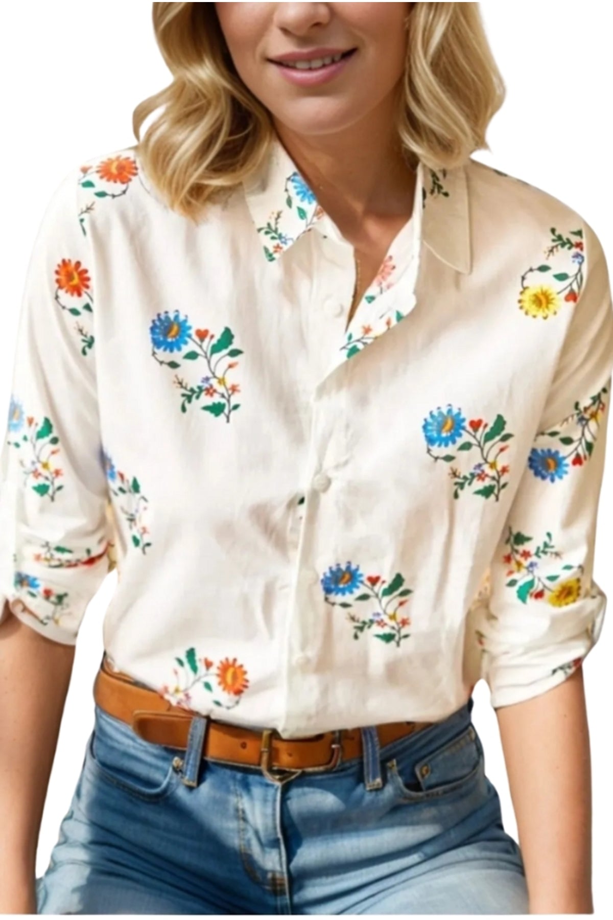 Amelia Women's Viscose Long Sleeve Button-Up Shirt - White with Bright Multicolor Flowers