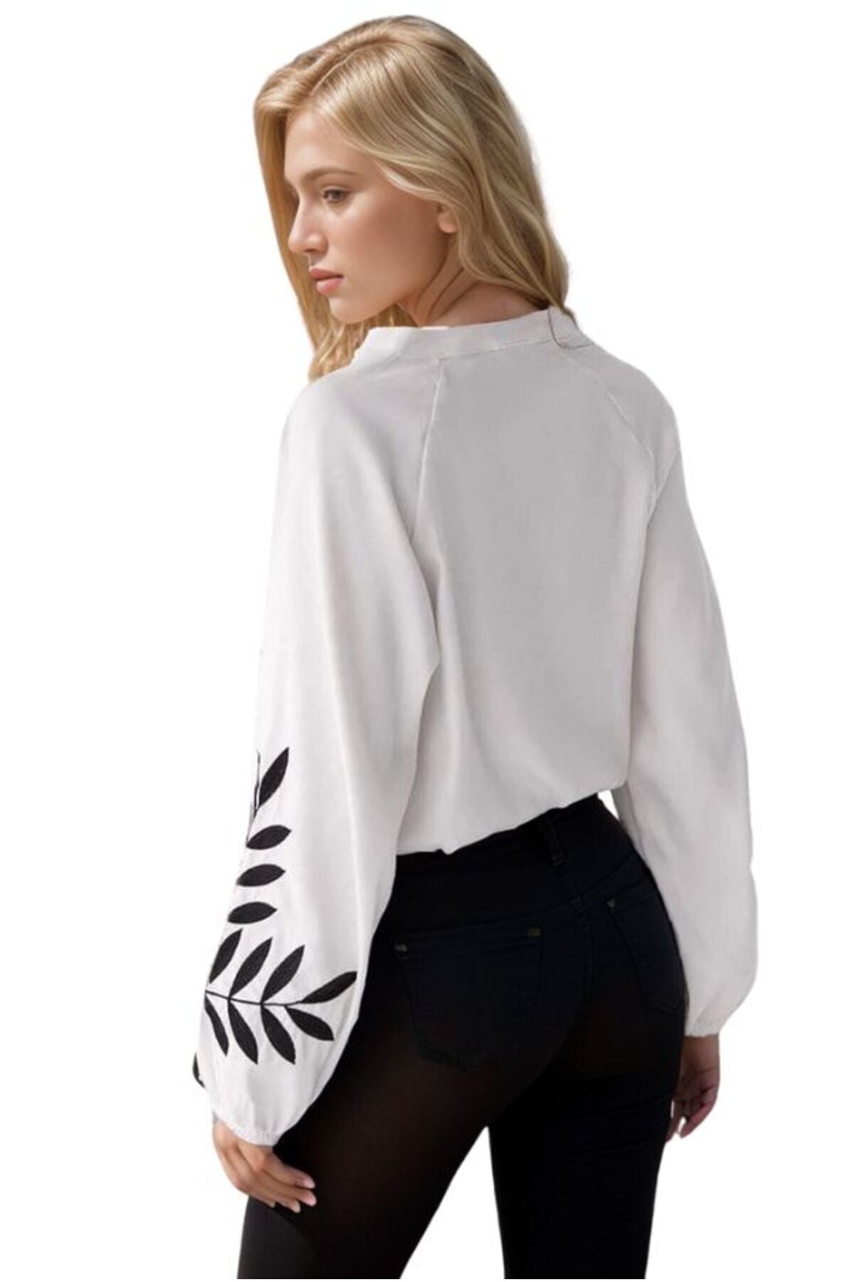 Nicole Women's Cotton Embroidered Long Sleeve Blouse - White with Black Embroidery