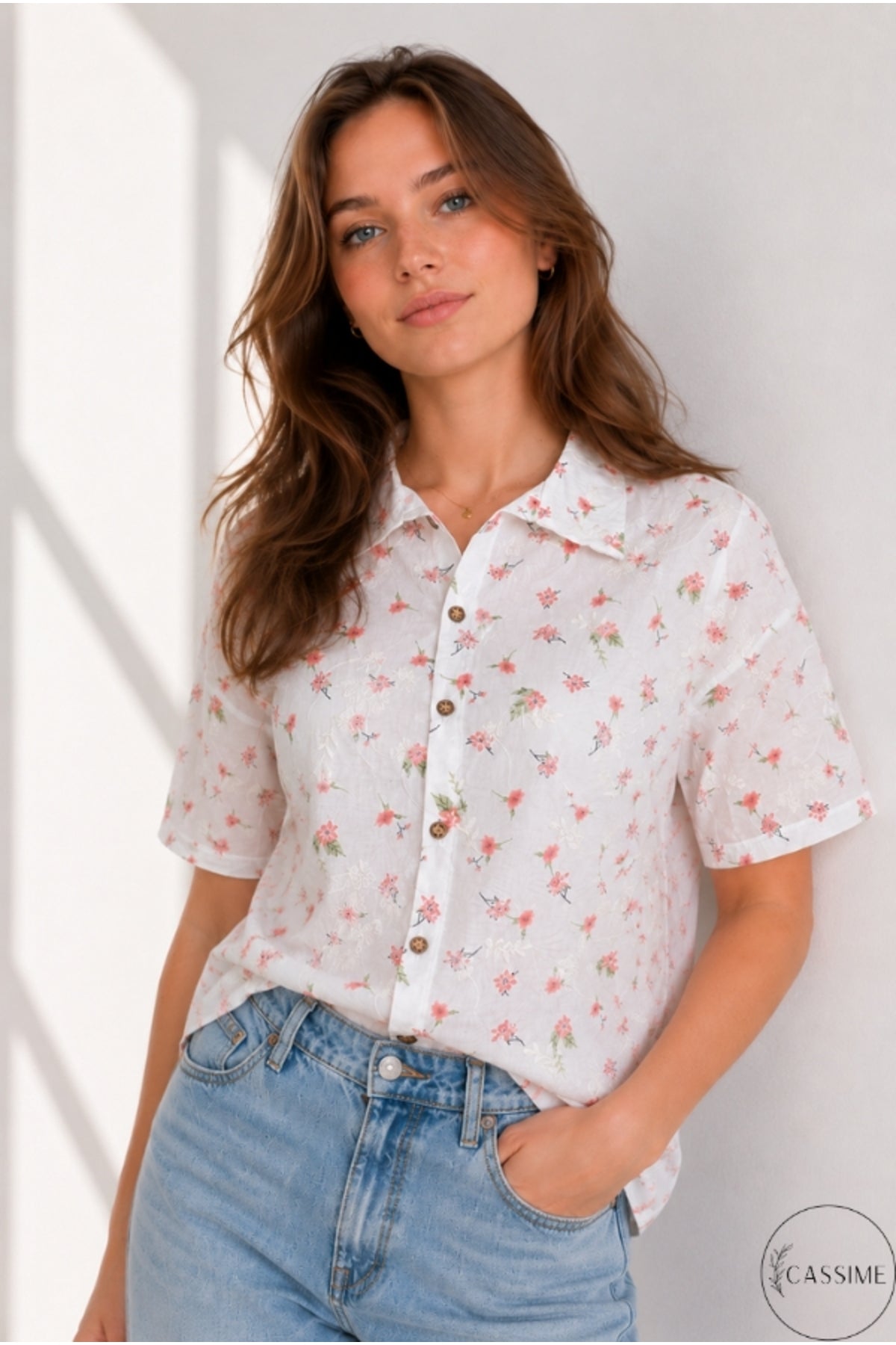 Alice Women's Cotton Floral Short Sleeve Shirt - Ecru with Pink Ditsy Floral Embroidery