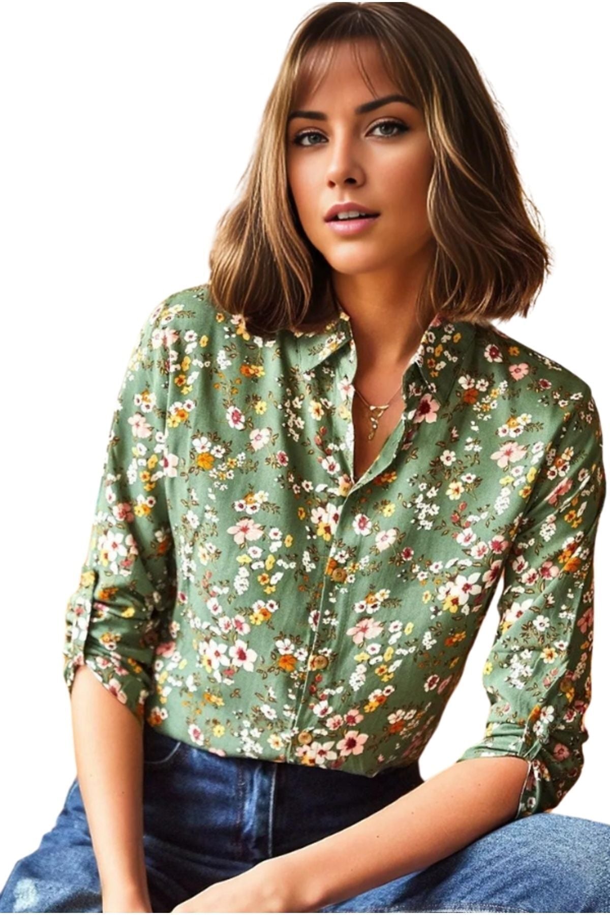Amelia Women's Viscose Long Sleeve Button-Up Shirt - Khaki Mini Floral