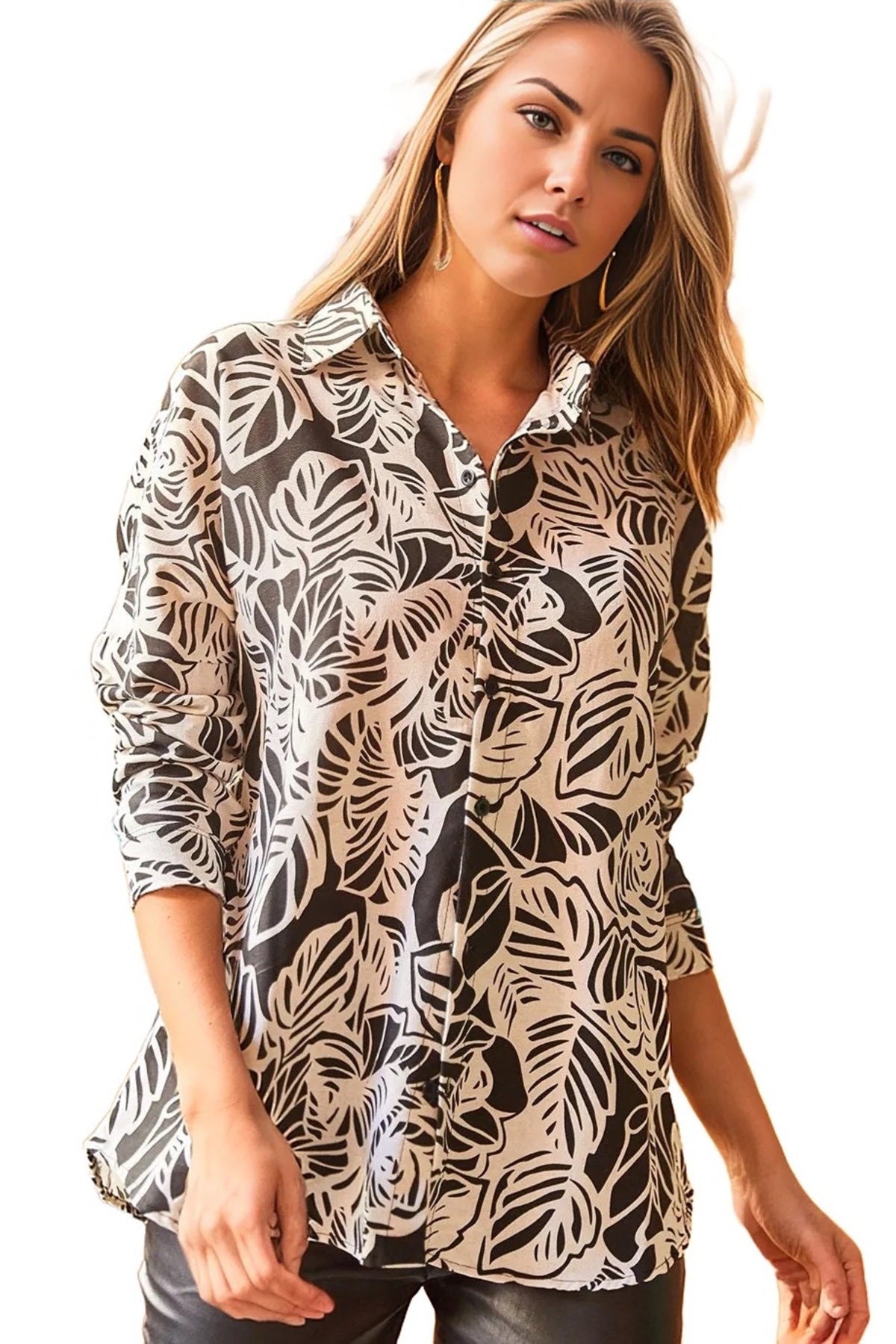 Emilia Women's Linen-Viscose Blend Oversized Printed Shirt - Black and White Leaf Print