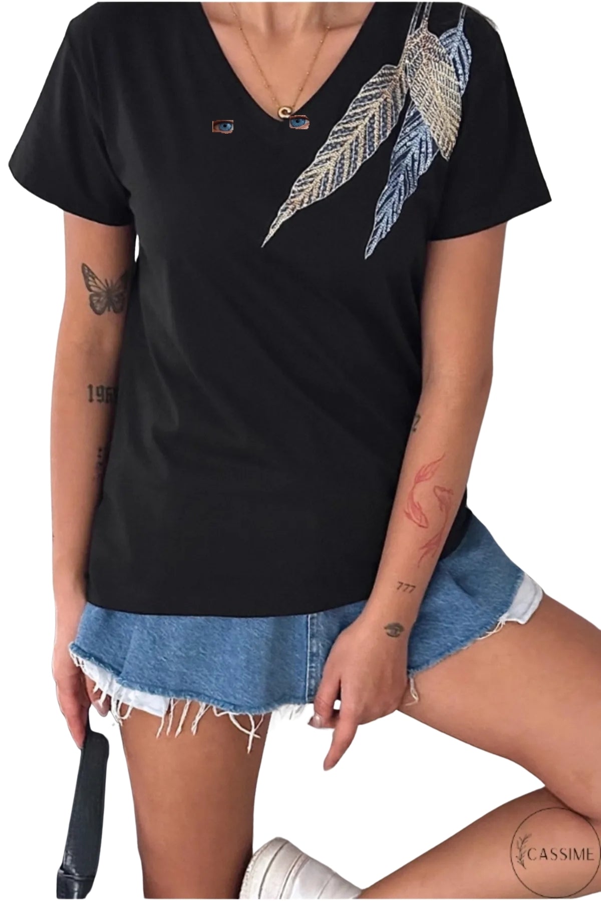 Olivia Women's Cotton Plus Size Embellished V-Neck T-Shirt - Black and Blue Feather Print