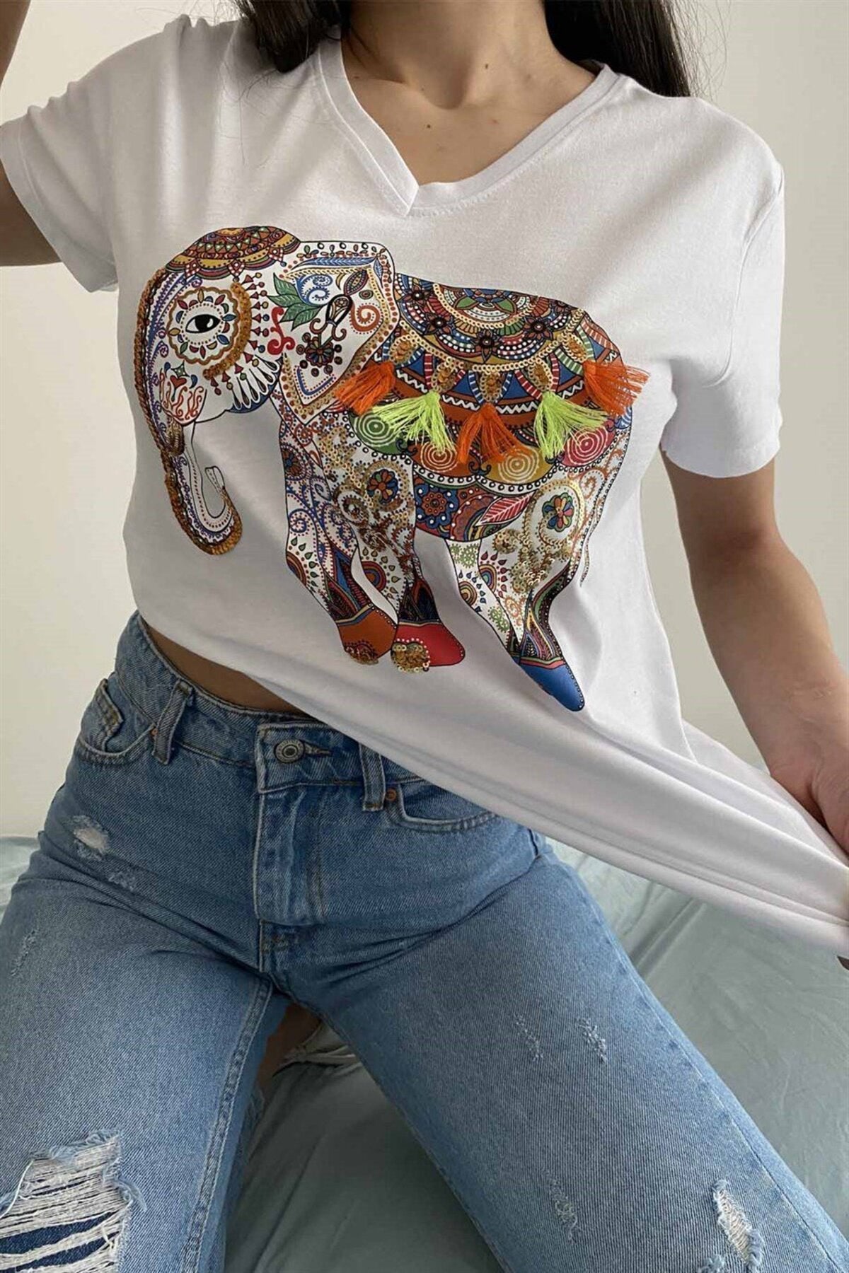 Sophie Women's Cotton Embellished V-Neck T-Shirt - White with Multicolor Tassel Elephant