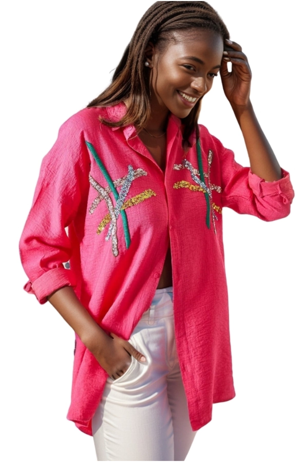 Natasha Women's Embroidered Oversized Shirt - Fuchsia Stripe Print
