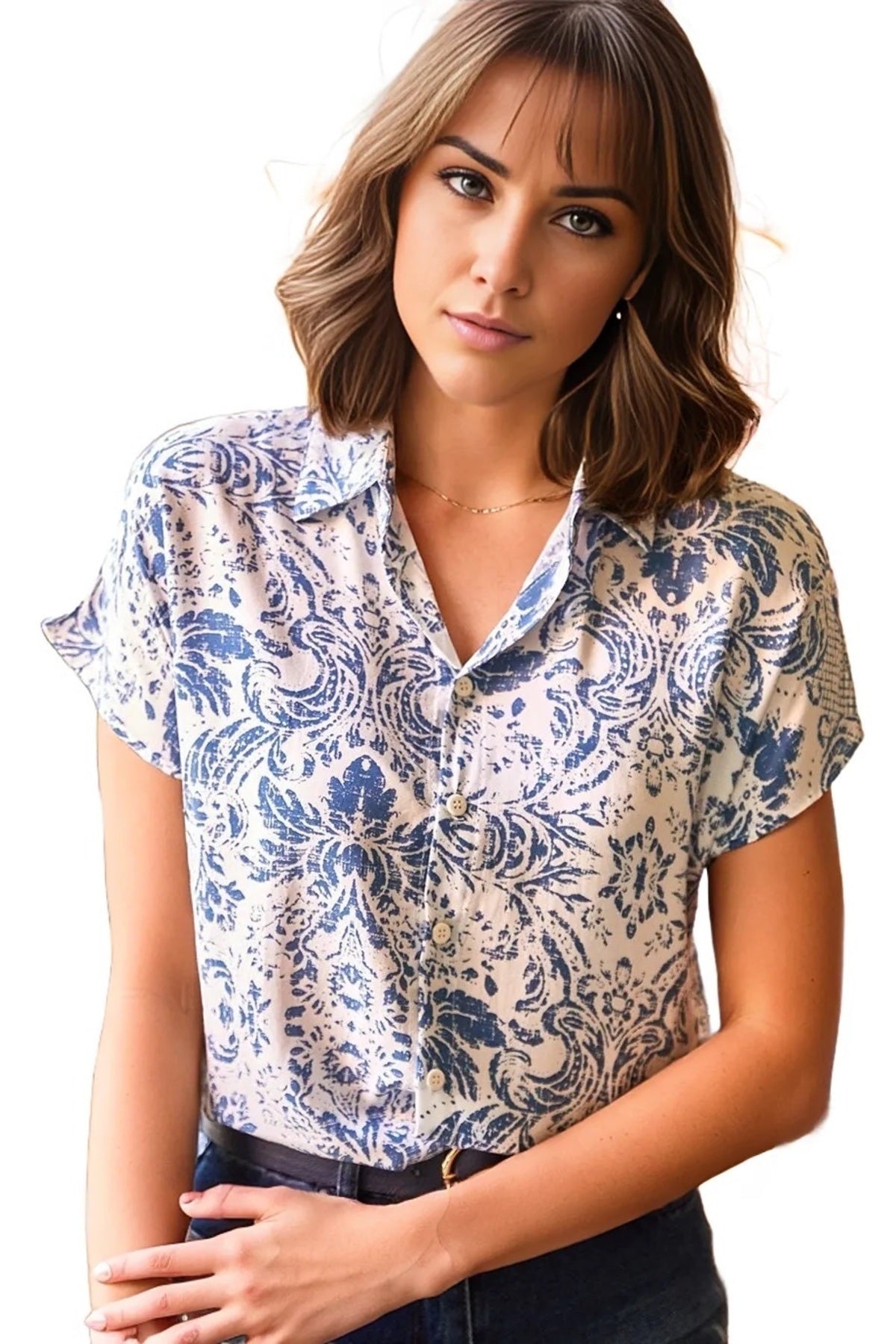 Charlotte Women's Viscose Short Sleeve Batwing Shirt - Blue Boho Floral