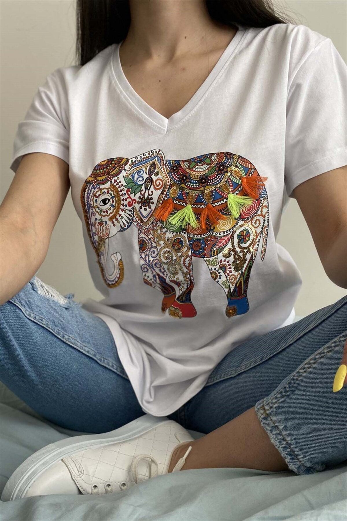 Sophie Women's Cotton Embellished V-Neck T-Shirt - White with Multicolor Tassel Elephant