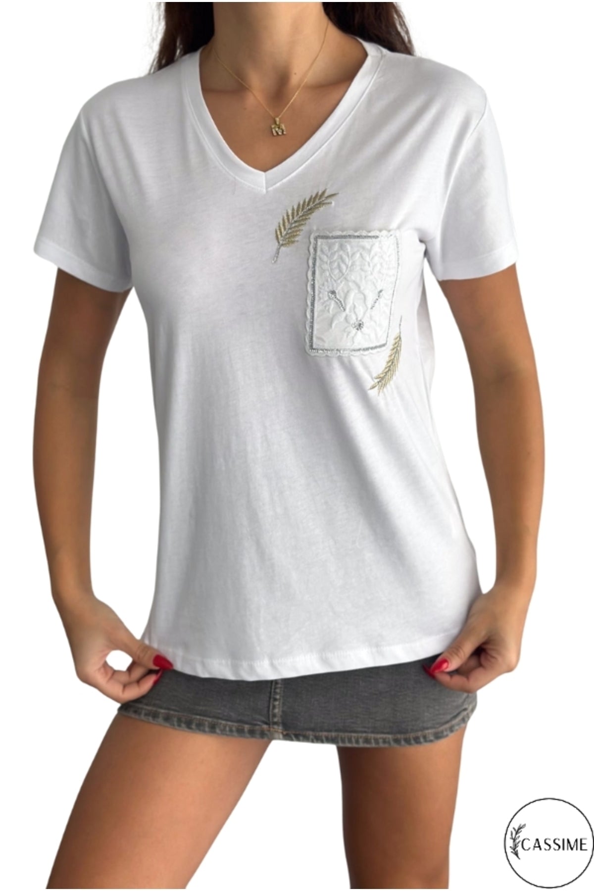 Olivia Women's Cotton Plus Size Embellished V-Neck T-Shirt - White with Pocket Embroidery