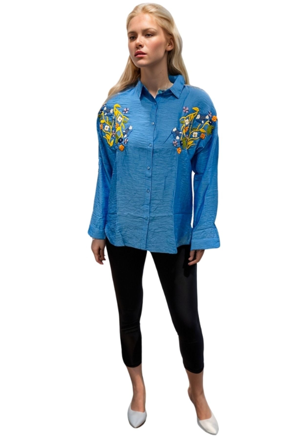 Claire Women's Floral Embellished Button-Up Shirt - Blue Floral Embroidery