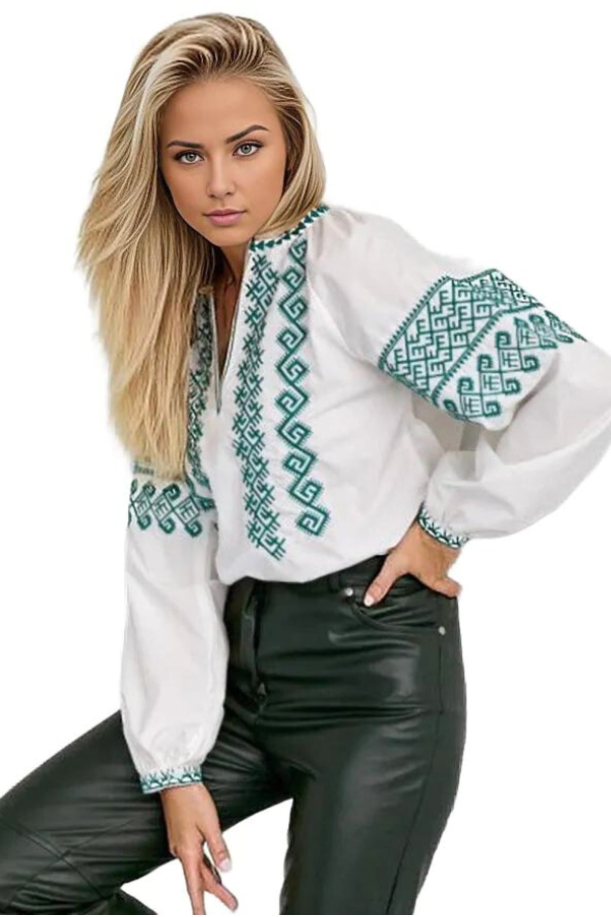 Zoe Women's Boho Embroidered Poplin Blouse - White with Green Embroidery