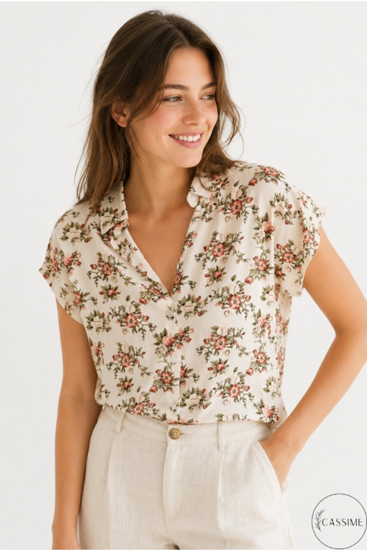 Charlotte Women's Short Sleeve Batwing Shirt - Orange Mini Floral