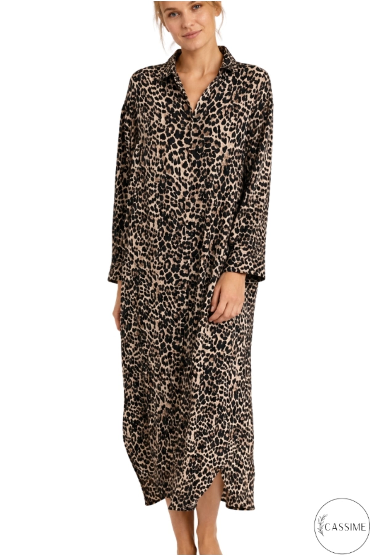 Hazel Women's Oversized Muslin Shirt Dress - Leopard Modal