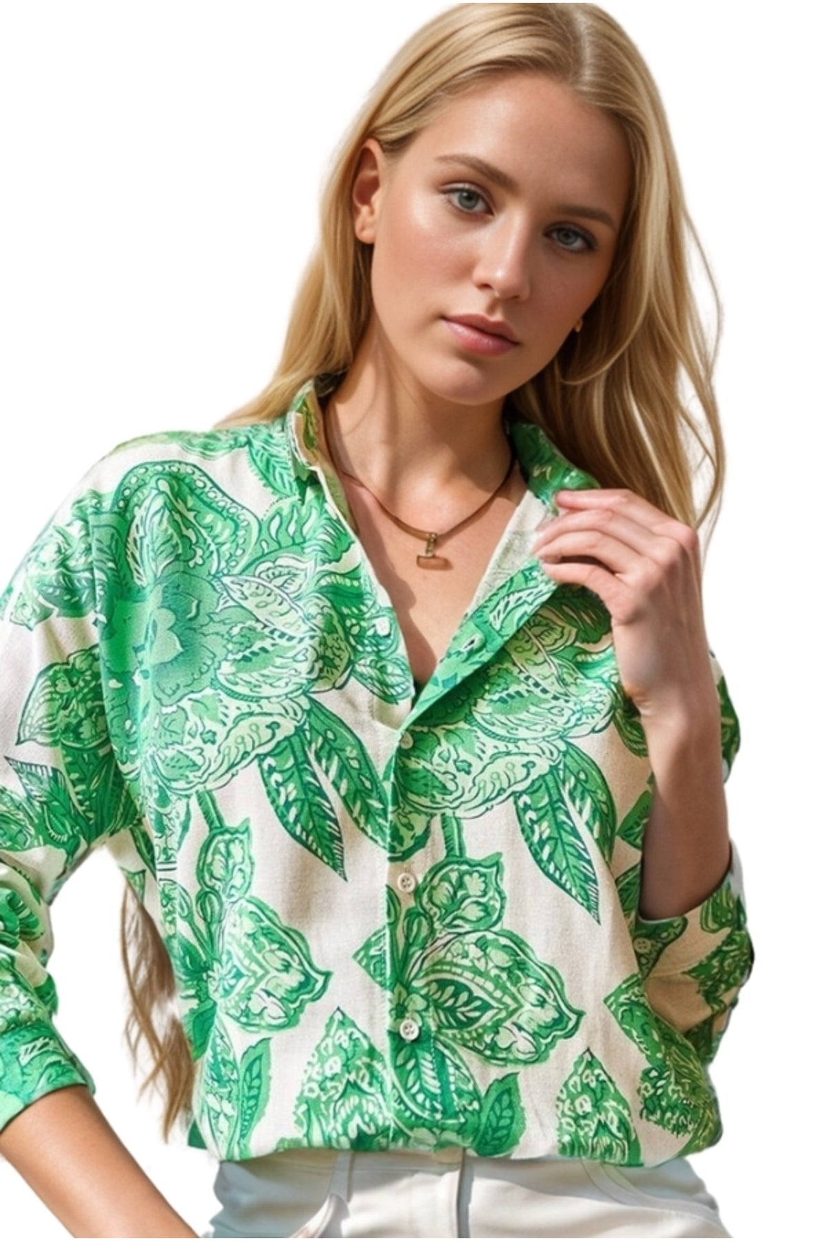 Emilia Women's Linen-Viscose Blend Oversized Printed Shirt - Green Large Floral