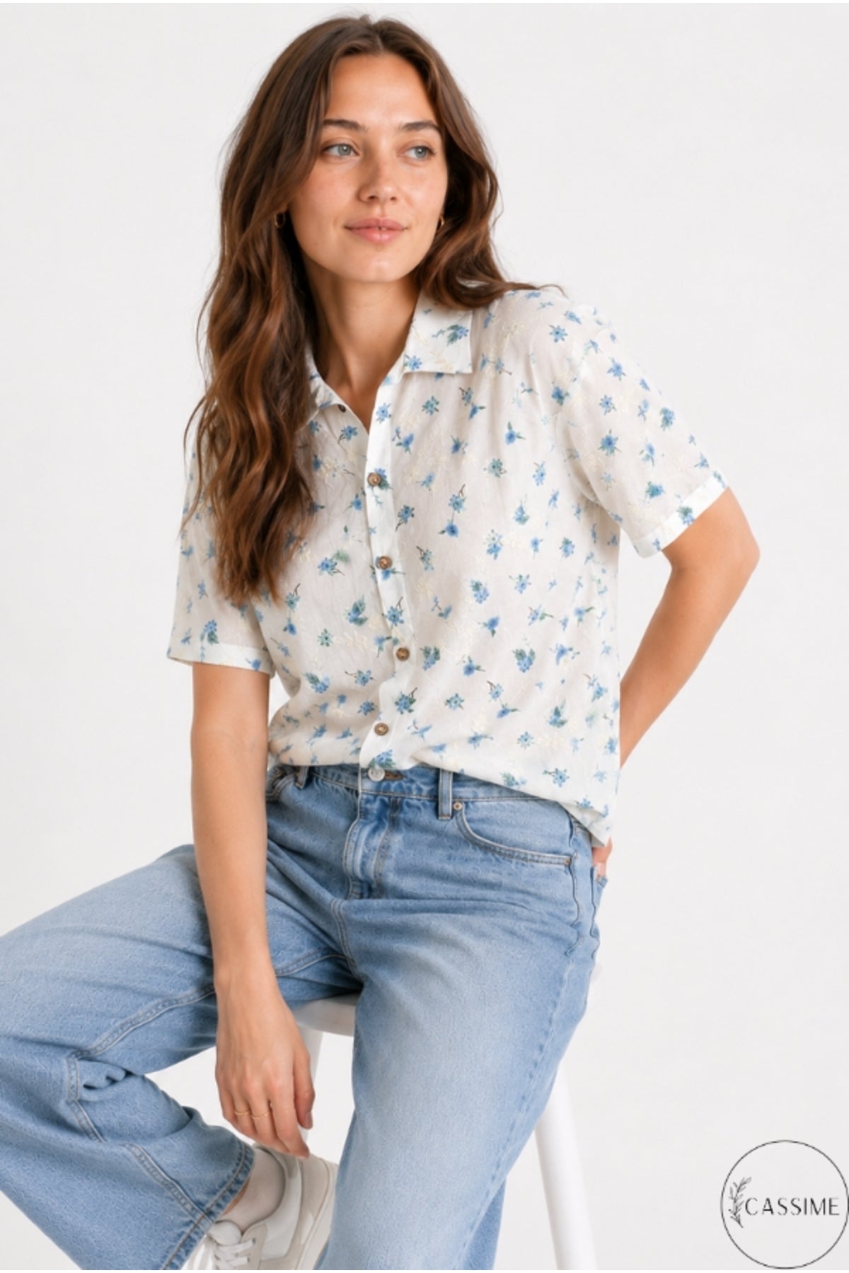 Women's blue mini floral cotton shirt - view 5