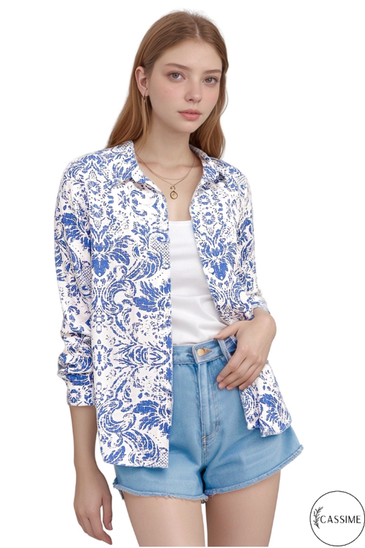 Eva Women's Viscose Graphic Print High-Low Shirt - Blue Graphic Print