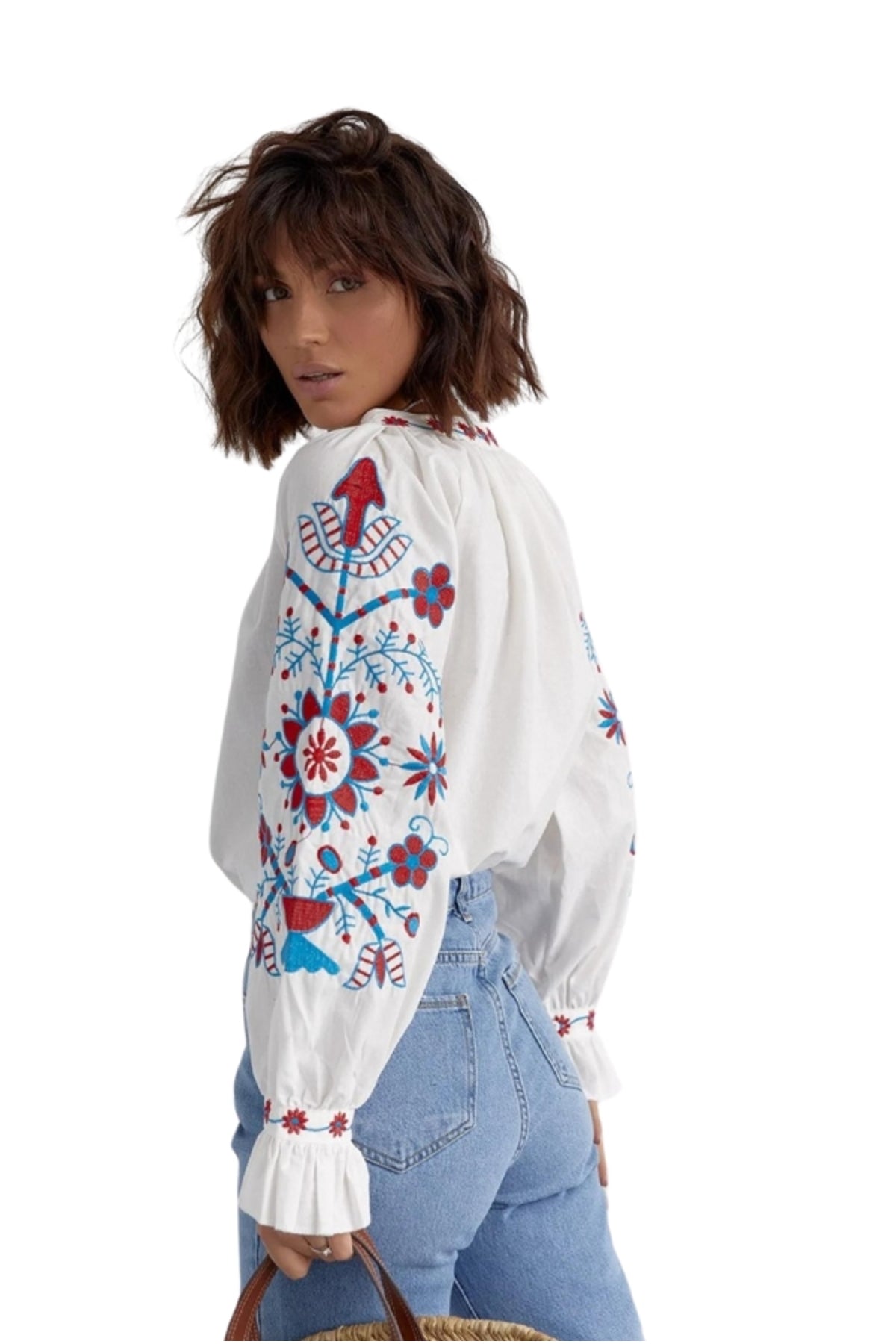 Crystal Women's Cotton Embroidered Long Sleeve Tie Blouse - Blue and Red Floral