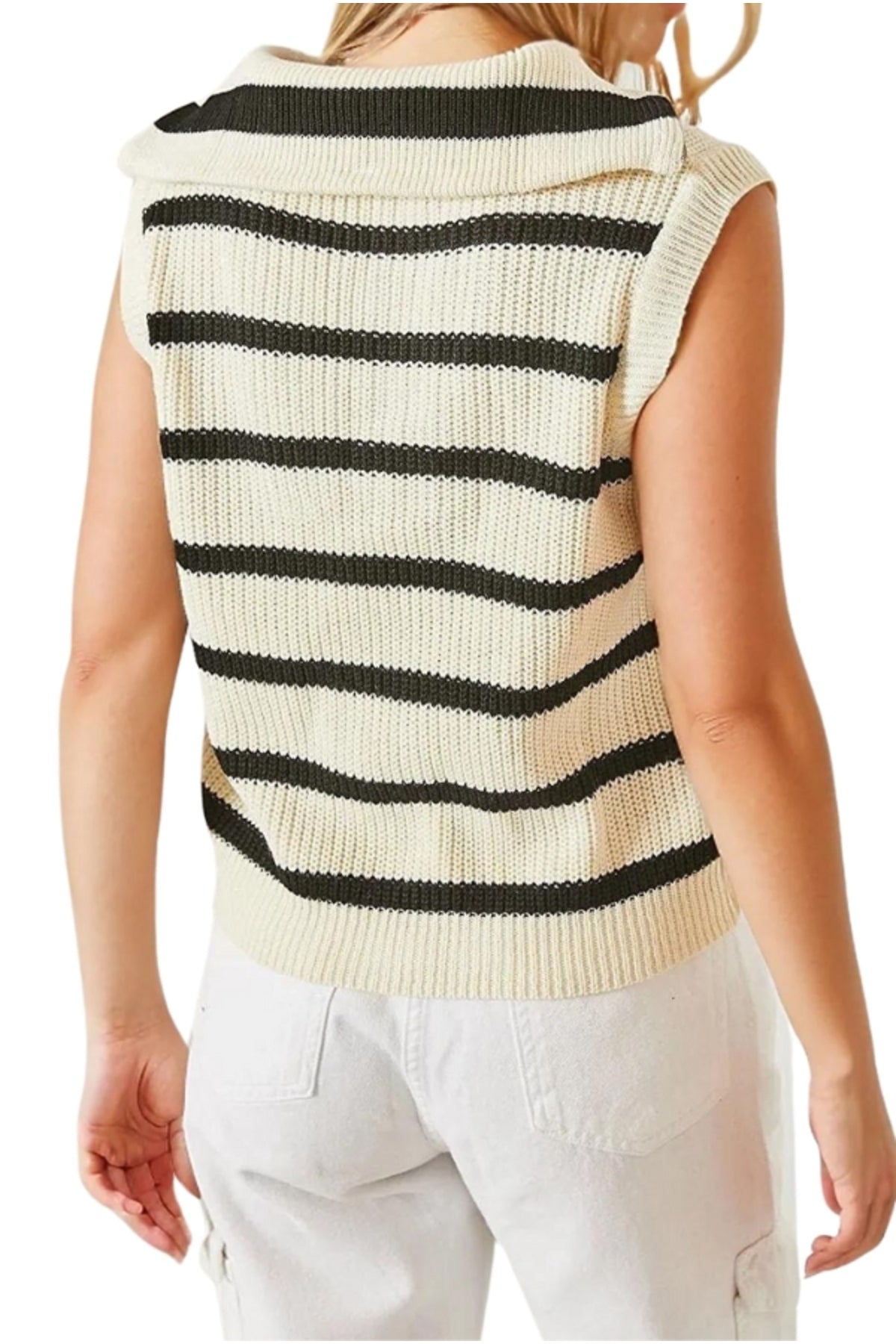 Beatrice Women's Striped Zip-Neck Sweater Vest - Ecru
