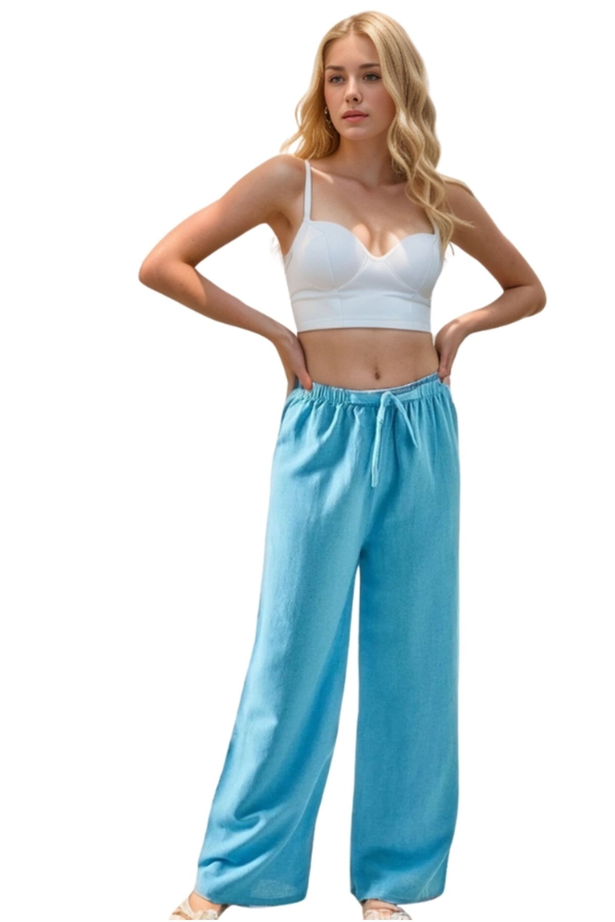 Lucy Women's Linen Blend Wide Leg Palazzo Pants - Turquoise