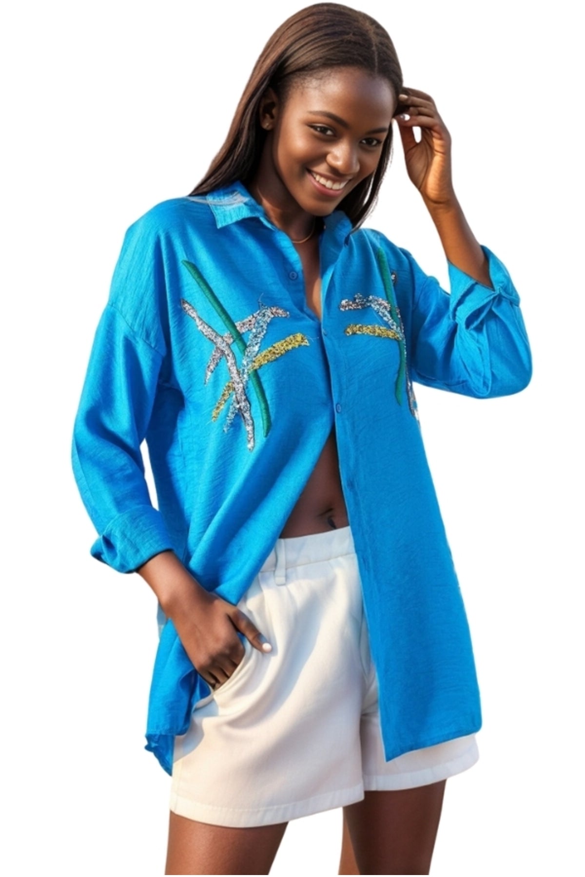 Natasha Women's Embroidered Oversized Shirt - Royal Blue Striped