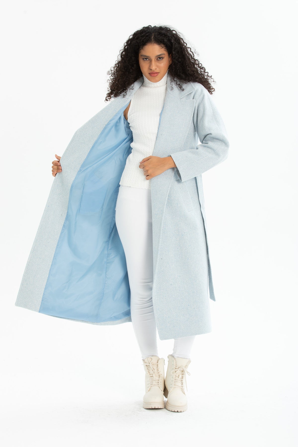 Beatrix Women's Herringbone Belted Coat - Blue Herringbone - product image 4